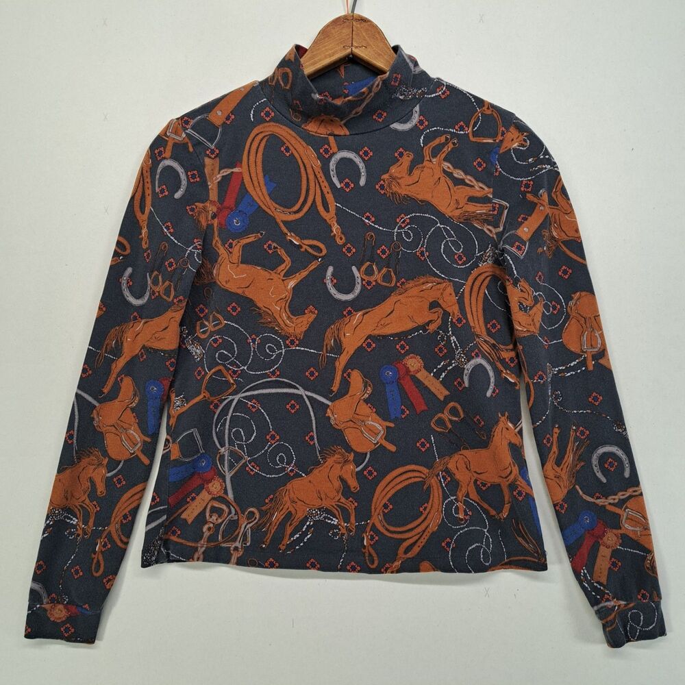 Anthropologie Rodeo XSP Long Sleeve Mock Neck Shirt Horse Equestrian Print Small - Picture 1 of 8